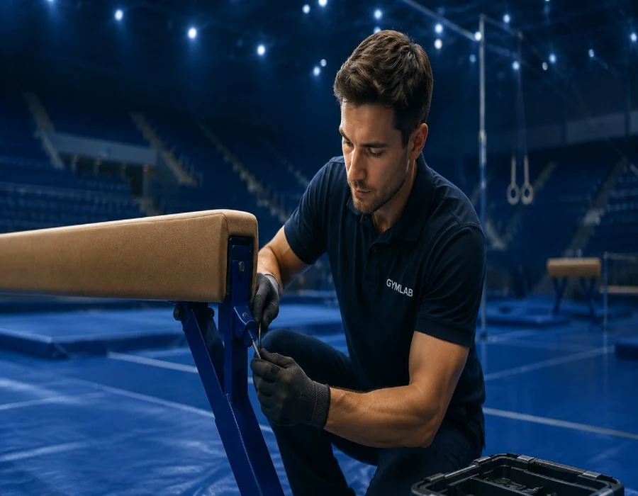 Technician inspecting gymnastics apparatus