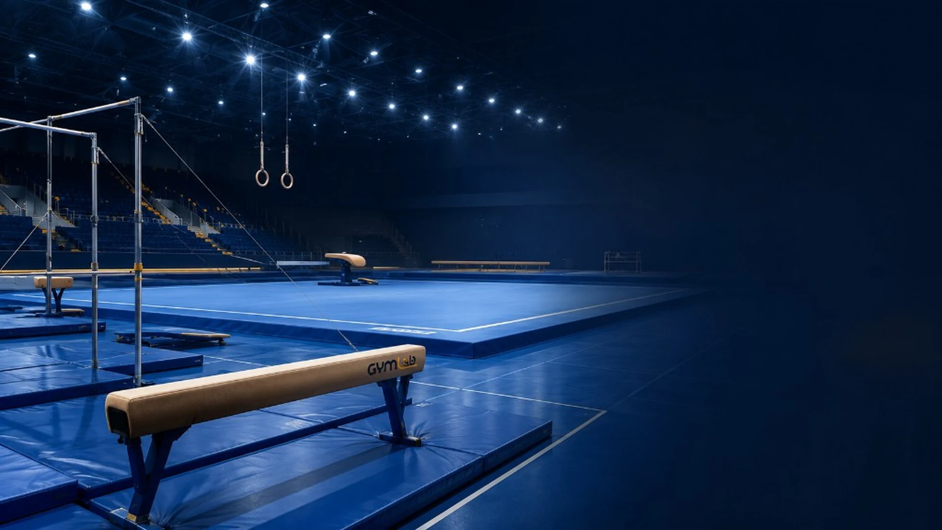 Professional gymnastics hall with complete apparatus setup