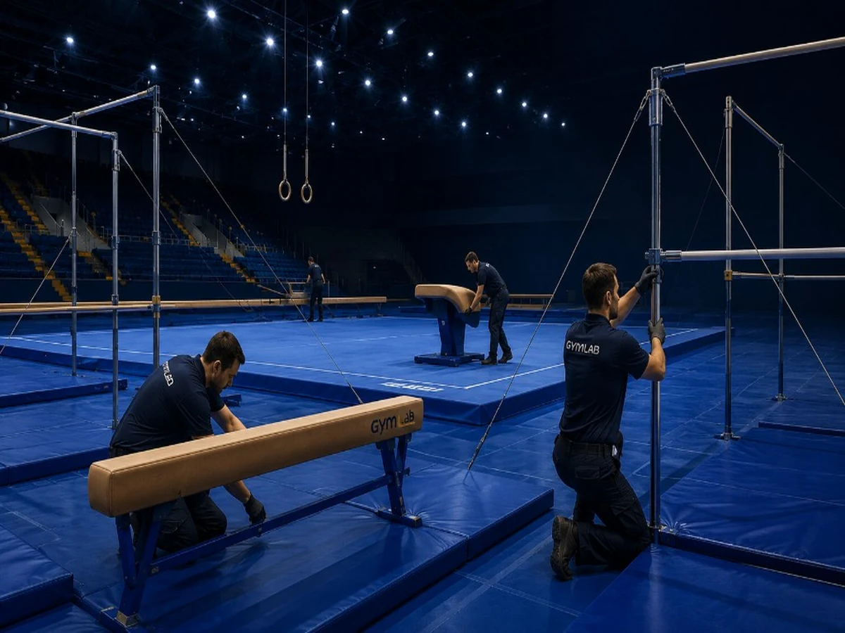 GYMLAB technicians installing gymnastics apparatus