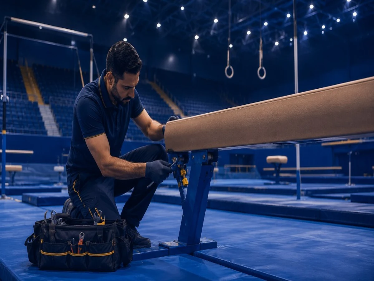 Maintenance technician inspecting a balance beam