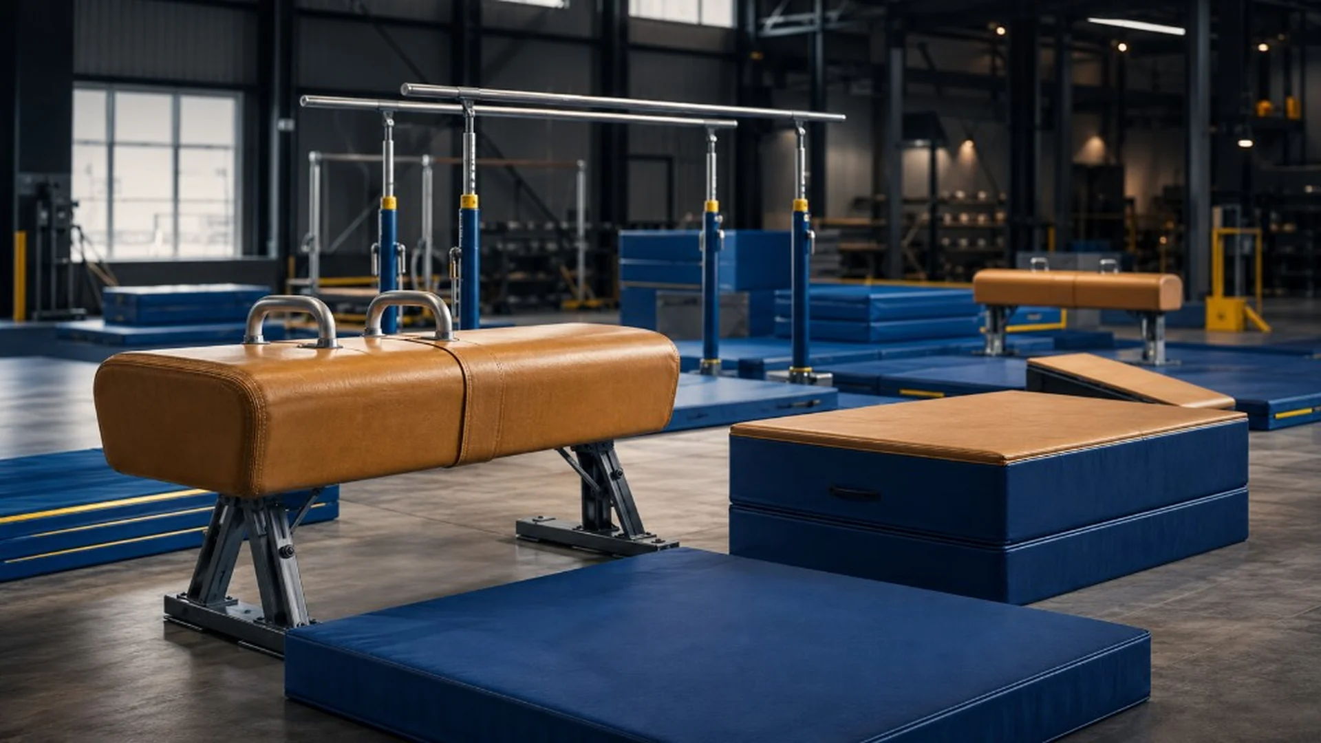 Modern factory with custom gymnastics equipment and blue mats