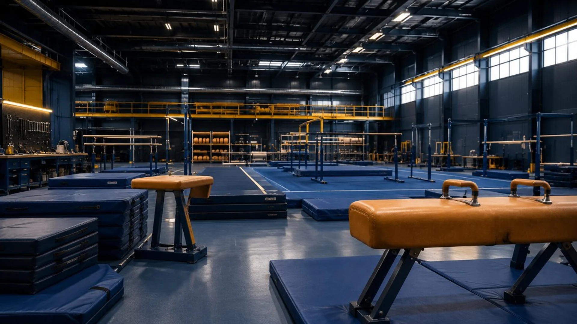 Custom gymnastics equipment including pommel horse and parallel bars