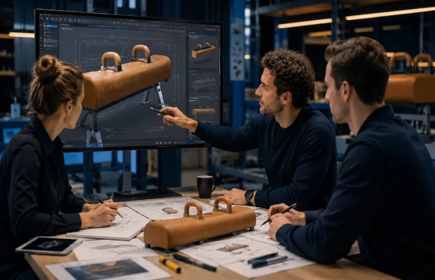 Design team reviewing 3D gymnastics equipment model