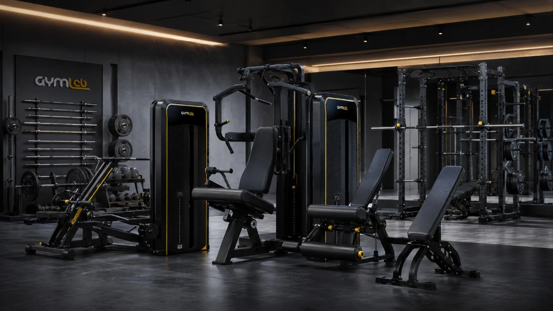 Premium black strength machines with yellow accents